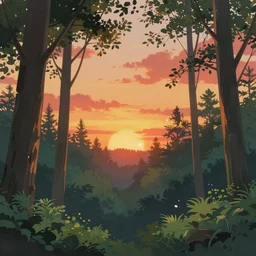 anime gouache background  , forest sunset