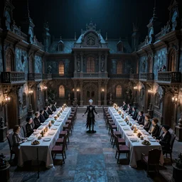 wide shot photo taken of an epic intricate, ultra detailed, super realistic miniature aristocratic banquet hall at night filmset created by weta workshop directed by tim burton, menacing, wide angle shots, moody night time scene, photorealistic, sharp focus, gloomy, extremely cold blueish colour temperature, 3 5 mm, f 1. 4
