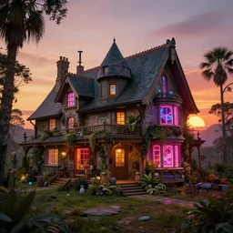 a beautiful very detailed highly detailed nature coach house by tom wright, neon signs atlantis universe assassin's creed magic realism sunset biopunk tron matte painting, archdaily, wallpaper, highly detailed, trending on artstation.