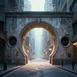 front - view, centralized, wall with a circular gates in leading to another world. street, energy, glow, architecture. urban fantasy. detailed. smooth. sharp focus. trending on arstation. artist greg rutkowski.