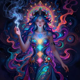 psychedelic [ [ [ [ chemiluminescence ] ] ] ] elegant woman chakra spirit with smoke and fluid dynamics, colorful, psychedelic, ornate, intricate, digital painting, concept art, smooth, sharp focus, illustration, blacklight reacting, art by artgerm and greg rutkowski