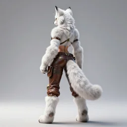 wide angle beautiful full body portrait of a strong female anthropomorphic anthro lynx fursona wearing a steampunk leather pants. from behind, paw pads, character design by disney, anime, manga, charlie bowater, ross tran, artgerm, and makoto shinkai, detailed, soft lighting, rendered in octane, white fur, white lynx face