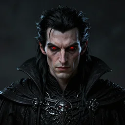centered detailed portrait of an evil warlock with black hair and red eyes, realistic character concept, high fantasy, dark atmosphere, sorcerer male, gazing eyes, medium shot, symmetrical face, artstation, cinematic lighting, hyperdetailed, 8k, high resolution, insanely detailed and intricate, octane render, golden ratio, Marc Simonetti, Greg Rutkowski, dark background
