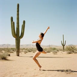 analog photography of a woman dancing in the desert and big cacti by mark owen. vogue. kodak portra. bokeh!! detailed. hq. warm light. mamiya 7. f / 1. 2, symmetrical balance, in - frame