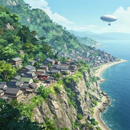japanese cape dutch architecture busy city on a cliff by the sea side, nice view, airships, dense foliage scifi movie poster art by kim jung giu and weta studio, and lucasfilm and jesper ejsing and norman rockwell greg rutkowski frank frazzeta