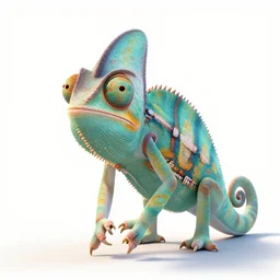 playful chameleon, stylized pixar-style 3d render, full body, isolated on a pure white background, centered, entire subject in frame, sharp focus, soft studio lighting