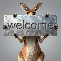 a kangaroo holding a sign made out of steel with the word the letters'w ','e ','l ','c ','o ','m ','e'carved on it, digital art