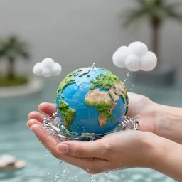 Holding miniature with moving water in Hands, with small clouds floating above miniature earth, small boats on the miniature Earth, 40nm lens, wide angle, shallow depth of field, 4k,