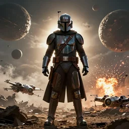 backlit dramatic cinematic mandalorian powerful pose by beksinski on a backlit background with destroyed planets , x-wing and atomic bomb explosion, backlight