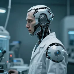 a laboratory operator man with cybernetic enhancements seen from a distance, halfbody headshot, scifi character portrait by greg rutkowski, michael weisheim beresin, daytoner, cinematic lighting, dystopian scifi gear, profile picture, mechanical, cyborg, half robot