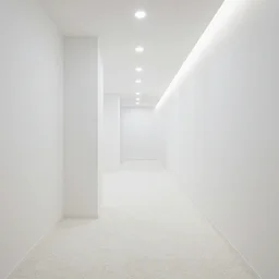 a series of interconnected white rooms with soft white lighting and a fluffy clean white carpet