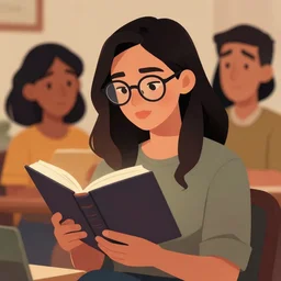 a beautiful woman wearing glasses reading a book, cel shaded art by josan gonzalez and jamie hewlett and magali villanueve