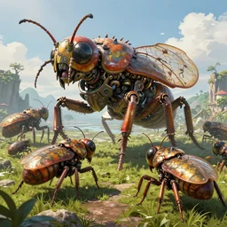 an intricate concept art, illustration, fantasy mechanical large insect biomes, megafauna, ultra photorealistic, pinterest, artstation, cgsociety, global illumination, pinterest, digital art, hyper detail, vibrant colors, style by feng zhu and tyler edlin, hyperrealistic octane render, 8 k