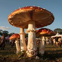 trippy 70s photograph of hippy festival woodstock with giant mushrooms