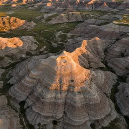 aerial overhead close up shot of badlands rocks and grass in golden hour lighting