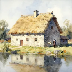 abstract watercolor painting of hedonic scandinavian king house, in stone, straw roof, war lord, magical and traditional, reflective river, crisp daylight, sharp shadows, cinematic light, national romanticism by anders zorn, by greg rutkowski, by greg manchess