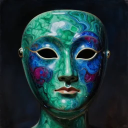 a close - up portrait of a liquid porcelain malachite ruby sapphire model with a magical mask. night time. deep reflective green blue tones. renaissance masterpiece. highly detailed sci - fi fantasy painting by norman rockwell, frank frazetta, johfra bosschart, and syd mead. rich colors, high contrast, dark background. artstation
