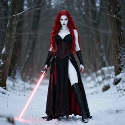 a beautiful female sith warrior with smooth snow - white skin and long flowing red hair, wearing black with dark red highlights, holding lightsaber, outdoors in the forest in winter, snow covering the ground, dark gothic aesthetic, full body portrait, centered composition, detailed