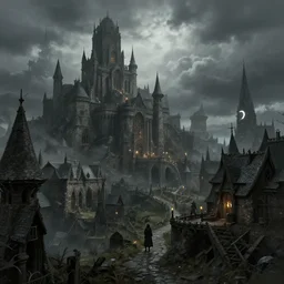 epic concept art depicted an old medieval mystic town | art by thornton oakley and darek zabrocki and harvey dunn | dramatic mood, overcast mood, dark fantasy environment | trending on artstation, unreal engine, hyperreal movie shot