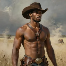 a beautiful dramatic epic painting of a handsome thick shirtless black man | he is wearing a leather harness and cowboy hat | prairie setting, dust clouds | homoerotic, highly detailed, dramatic lighting | by Mark Maggiori, by William Herbert Dunton, by Charles Marion Russell | trending on artstation
