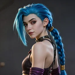 a full shot of CGI Jinx, blue well-presented ponytail hair, beautiful refine, elegant face, not wearing many clothes, slend sexy body, from Arcane, from League of Legends, digital art, exquisite detail, polished, post-processing, photo-shopped, low angle, octane render, unreal engine 5, hyper realism, cinematic, trending on ArtStation, 8k, High contrast, by Roger Magrini