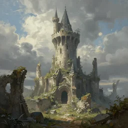Painting of the overgrown ruins of a wizard's tower. Fantasy art.
