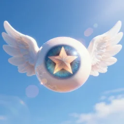 digital art of star shaped eyeball with wings in blue sky surrounded by lens flares ethereal art