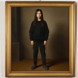 painting of a long black haired teenager!!! clothed with a black playstation sweater, full body!!!, renaissance!!! painting!!!, ultra detailed, masterpiece, framed