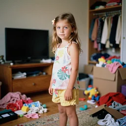 home photography portrait, young daughter's room, tv, clothes, toy, closet,, cardboards ; mess, summer, Color VHS picture quality with mixed noise