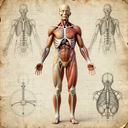 A concept of a detailed and intricate design of a full body of human anatomy, 3d design, occlusion, great finesse organic hyper detailed, engineering blueprints, technical drawings, calculus, stained paper, hyperrealistic, ultra detailed, 4K, octane render, unreal engine