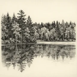 ivory etching, made with charcoal, lakeside forest