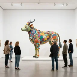 etablishing wide view shot of stunning colorful intriguing cute * poetic * living sculpture of a mythic animal living form by * beth cavener * in empty white space exposition. elegant animal living form. with collaboration of ellen jewett, ghibli, beth cavener, sayaka ganz, edouard martinet, john o'reilly and judith klausner. joyfull