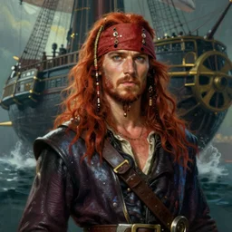 epic fantasy portrait painting of a long haired, red headed male sky - pirate in front of an airship in the style of the a marvel avengers movie