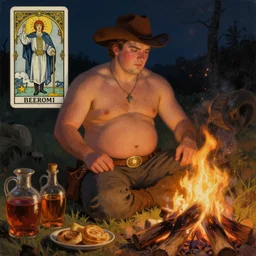 a serene, ethereal painting of a handsome mischievous thicc shirtless cowboy with a beer belly | night scene with campfire | food and jugs of whisky in the foreground | tarot card, art deco, art nouveau | by Walter Crane | trending on artstation