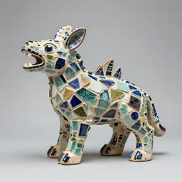 mosaic sculpture of a alebrije chimera!!!, irregularly shaped mosaic tiles, hand glazed pottery shards, in the style of folk art, blank background