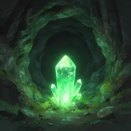 A cave entrance with a glowing green crystal on the ground, mystical, surreal, fantasy, fairytale, magical, glowing, light, 3D environment, art by Makoto Shinkai