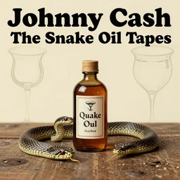 album cover for Johnny Cash: The Snake Oil Tapes, album art by René Magritte, snake oil album, snakes, quack medicine, no text