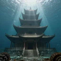 an ancient underwater Chinese building, rays of light illuminating from the top, highly detailed, digital painting, artstation, concept art, smooth, sharp focus ilustration, Artstation HQ