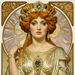 realistic detailed Art Nouveau lithograph full-face portrait of Theda Bara as Cleopatra in an elaborate costume by Alphonse Mucha and Gustav Klimt