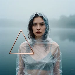 a closeup portrait of a woman wrapped in plastic, standing next to a levitating copper triangle, in a foggy lake, color photograph, by vincent desiderio, canon eos c 3 0 0, ƒ 1. 8, 3 5 mm, 8 k, medium - format print