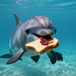 underwater photo still of a dolphin eating a peanut butter and jelly sandwich, 8 k, 8 5 mm f 1. 8