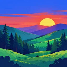 discord banner of a beautiful landscape with trees and mountains, sunset in the background, flowing art, sharp edge lines, complementary coloration, blue, green, red, purple, yellow