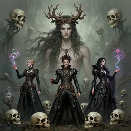 druidic king of nature, a crown of wood, attractive, shirtless, artgen, flowing hair, portrait, muted colors, artstation, character concept art + punk king, beautiful goth man in a macabre outfit, goth aesthetics, skull, dark fairytale, bespoke unique beauty. concept art, restoration + in the style of charlie bowater and gabrielle ragus + mystery skulls, magic, song, bubbly retro neon + steampunk leather high fashion gothic bespoke couture storybook wide shot