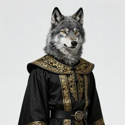 a grey anthropomorphic male wolf furry character, wearing a majestic black tunic with a gold pattern, sharp focus, featured on artstation