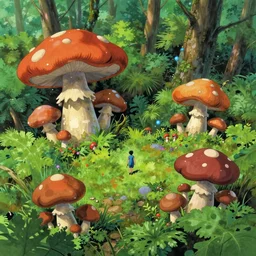 aerial view of a colorful forest landscape, giant mushrooms, a lonely man, unknown planet, by studio ghibli, tex avery. anime film, cinematic shot, artstation, insanely detailed, 4 k.