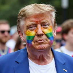 Donald Trump wearing rainbow pride makeup during Pride Month