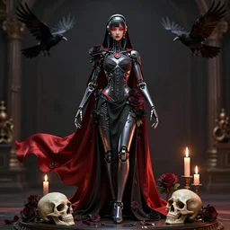 full-body cyberpunk style sculpture of a young beautiful dark priestess, half android with a head opening exposing circuitry. glowing red eyes, black roses,  flowing blood-red colored silk. fabric, candles. baroque elements, human skull. full-length view. baroque element. intricate artwork by caravaggio. crows flying in  background. Trending on artstation, octane render, cinematic lighting from the right, hyper realism, octane render, 8k, depth of field, 3D