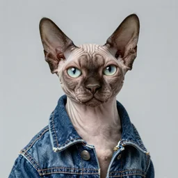 full head photo portrait of a cute sphynx cat wearing jeans jacket, medium shot, super realistic, crisp details, sharp, detailed, intricate, volumetric lights, cinematic, shit with hasselblad, octane render