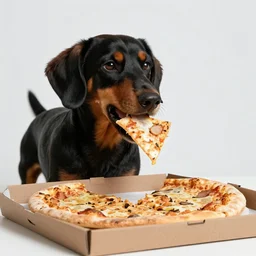 Still of a happy daschund eating pizza