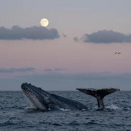 realistic ocean in the sky, dusk, whale, clouds, moon, water, seagulls